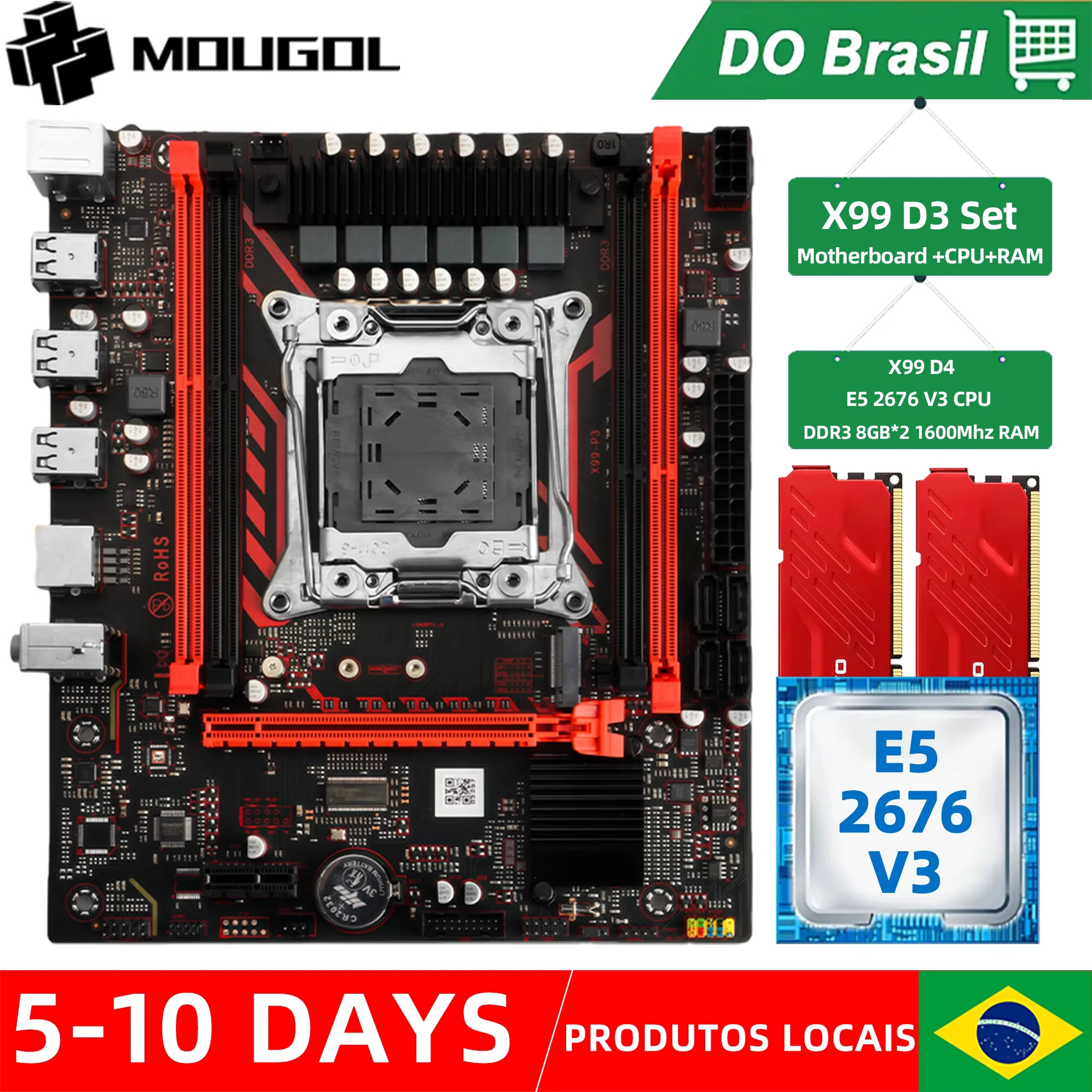 Kit de placa-mãe MOUGOL X99 D3 com CPU Intel LGA2011-3 Xeon E5-2676 V3 + DDR3 2*8GB 1600MHz RAM Memória NVME M.2 SATA Game Set