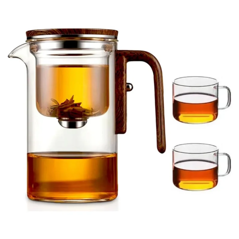 

Factory Hot Selling 800ml Water Separation Magical Glass Teapot With Strainer and Wooden Handle