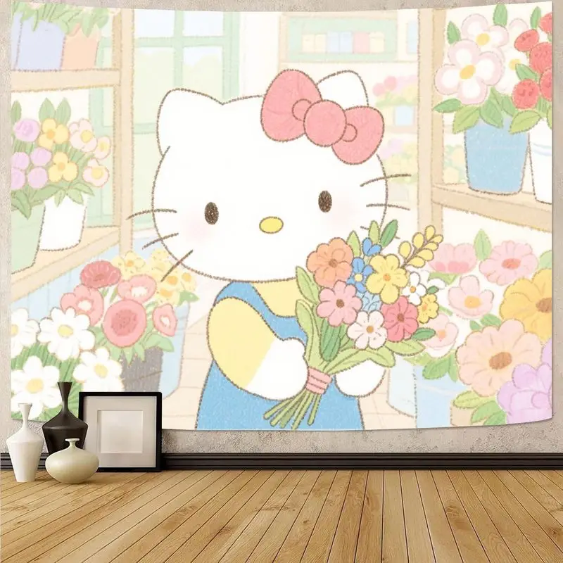 

1PC Sanrio Hello Kitty Floral Tapestry, Cute Kawaii Pastel Polyester Wall Art for Bedroom Living Room Decor & Gifts