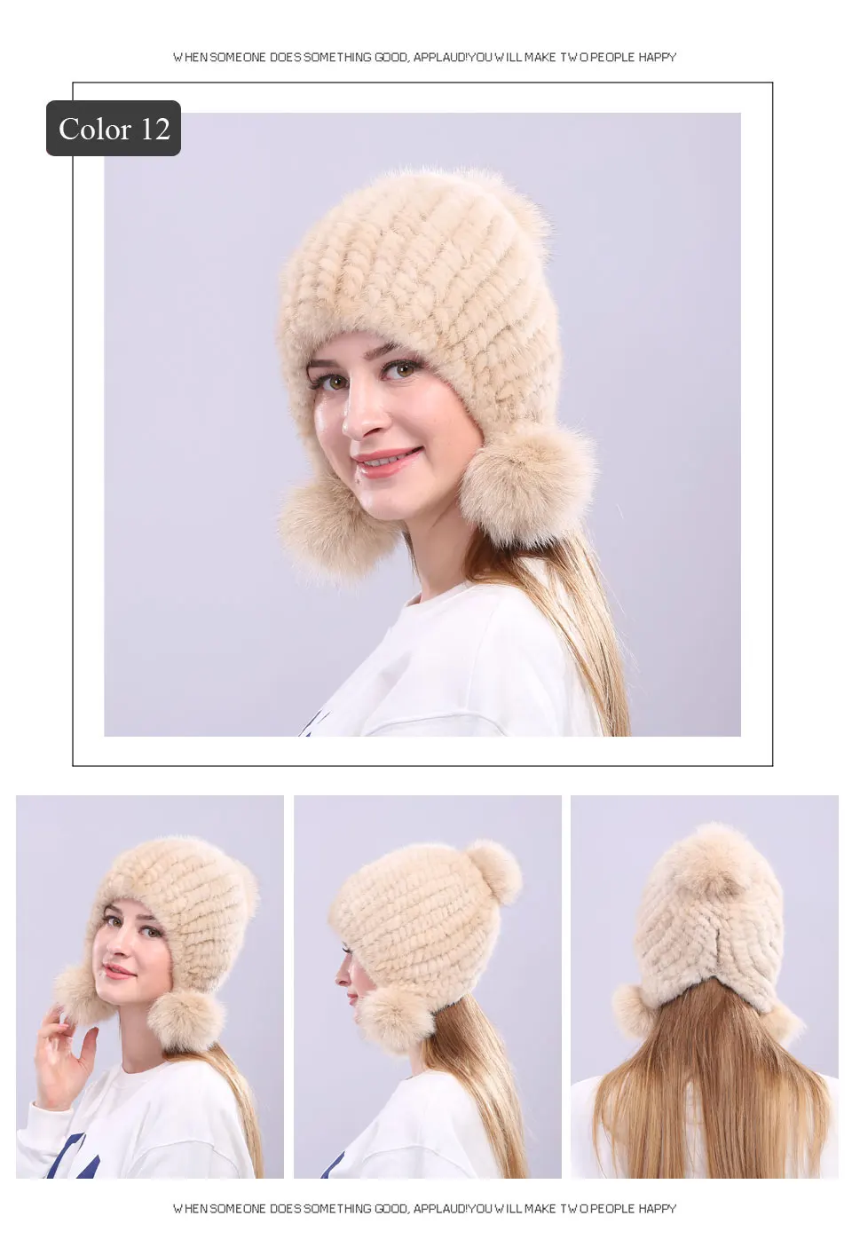Echte Nerz Pelzmütze mit Fuchspelz Ball Ohrenschützer Schutzkappe Wintermütze für Frauen Russische Trapper Herbstmütze Beanie Herbstmütze – Detail 15