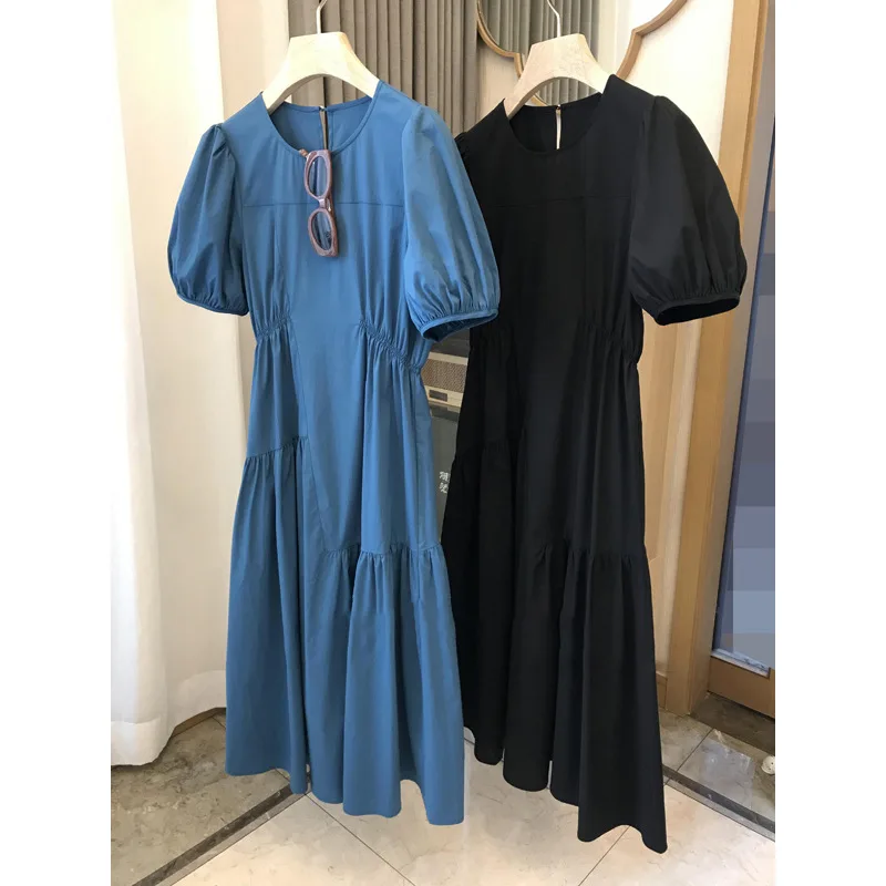 Sommerkleider vestidos de mujer elegantes 2024 schwarz hoch tailliert Rundhals ausschnitt Plissee Blase Kurzarm mittellanges Kleid