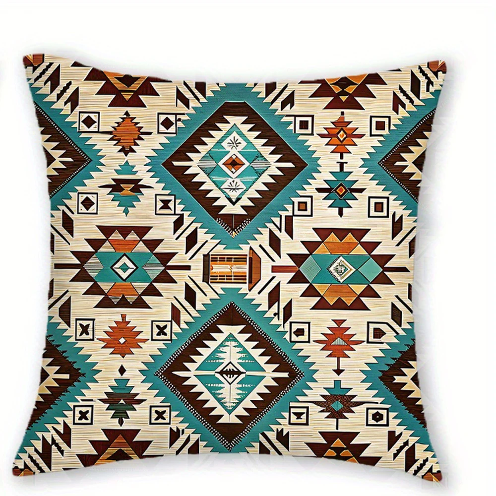 1pc Navajo Tribal Pattern Decorative Pillowcase, 2D Double Sided Print Polyester Cushion Cover, Boho Geometric Home Accent Pillo