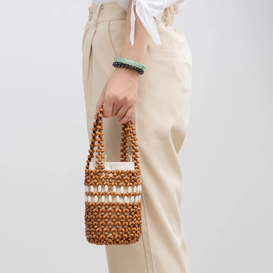 Casual Beach Color Beading Bucket Bags Summer Handmade Wooden Beads Handbags Hollow Out Tote Bags for Women Ladies Clutch Purses