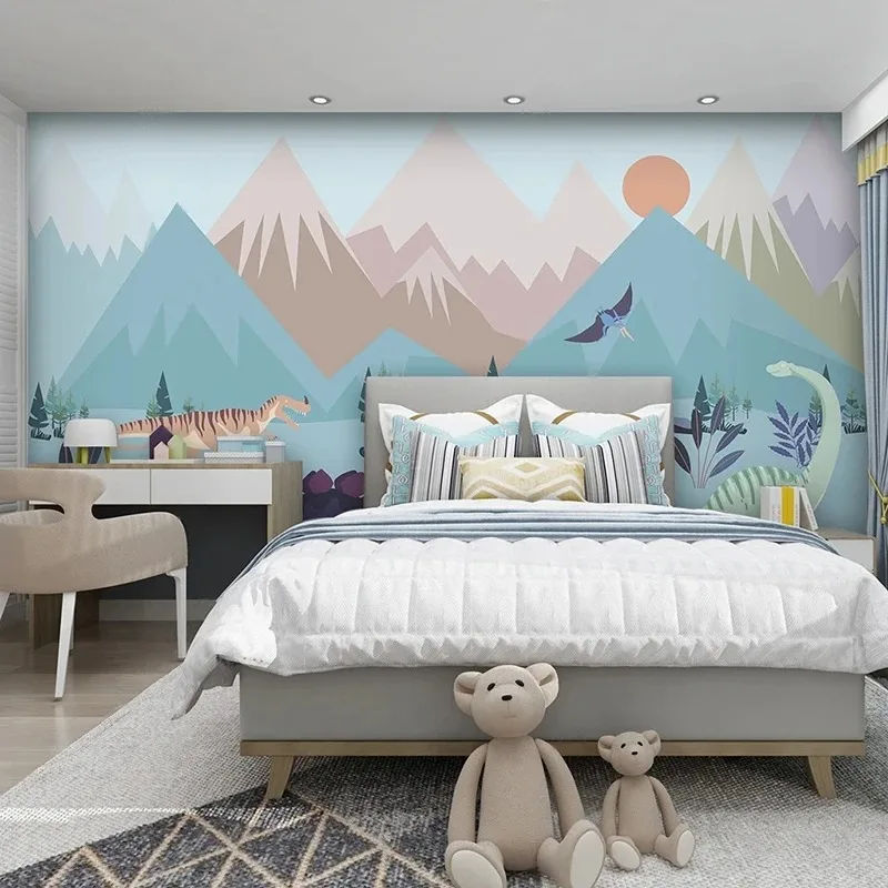 Custom 3D Wall Mural Dinosaur Cartoon Animal Mountain Scenery Children's Room Background Wall Mural Papel De Parede