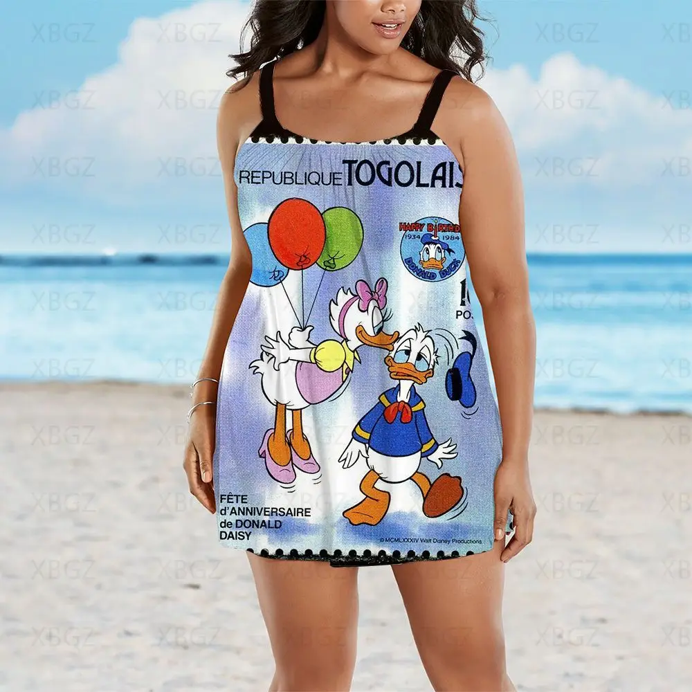 Plus Size Dresses Sleeveless Summer Outfits Woman 2022 Donald Duck Elegant Women Sexy Chic Dress Disney Print Beach Cartoon Boho