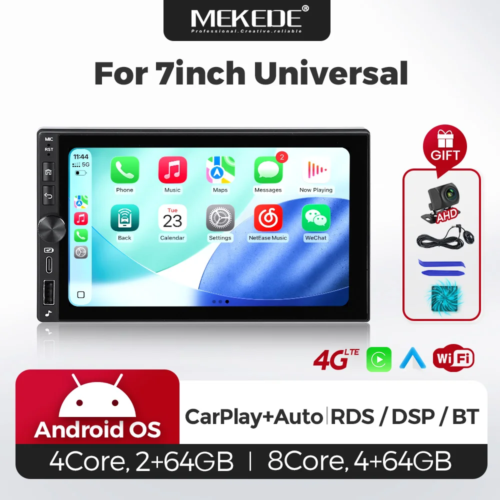 MEKEDE 2 DIN 7 Zoll Universal Android 15 Kabelloses Carplay Android Auto Autoradio Multimedia Intelligente Systeme Stereo 2Din Head Unit GPS-Navigation Unterstützt Kamera K4 PLUS 4G+64G 4G LTE FM RDS