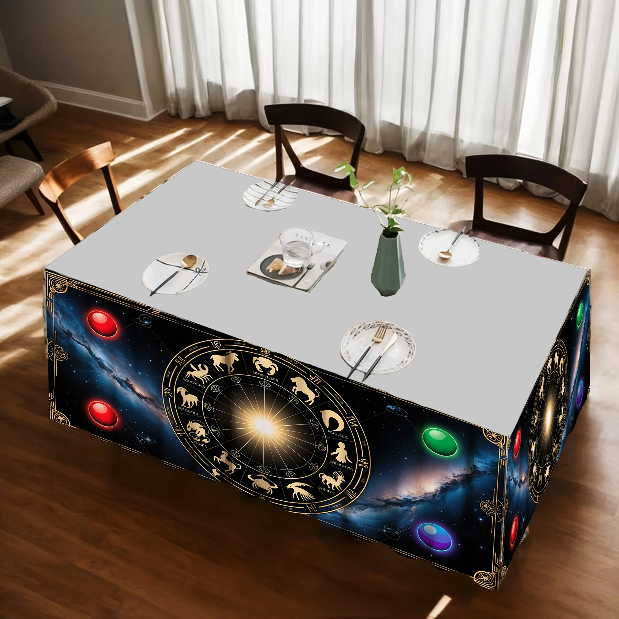 Twelve zodiac and constellation design pattern table skirts with curtain holes for easy hanging, suitable for home kitchens.