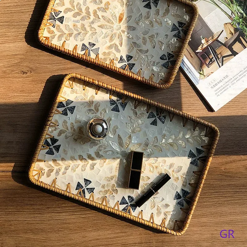 French Luxury Natural Handwoven Rattan Shell Tray Fruit Platter Home