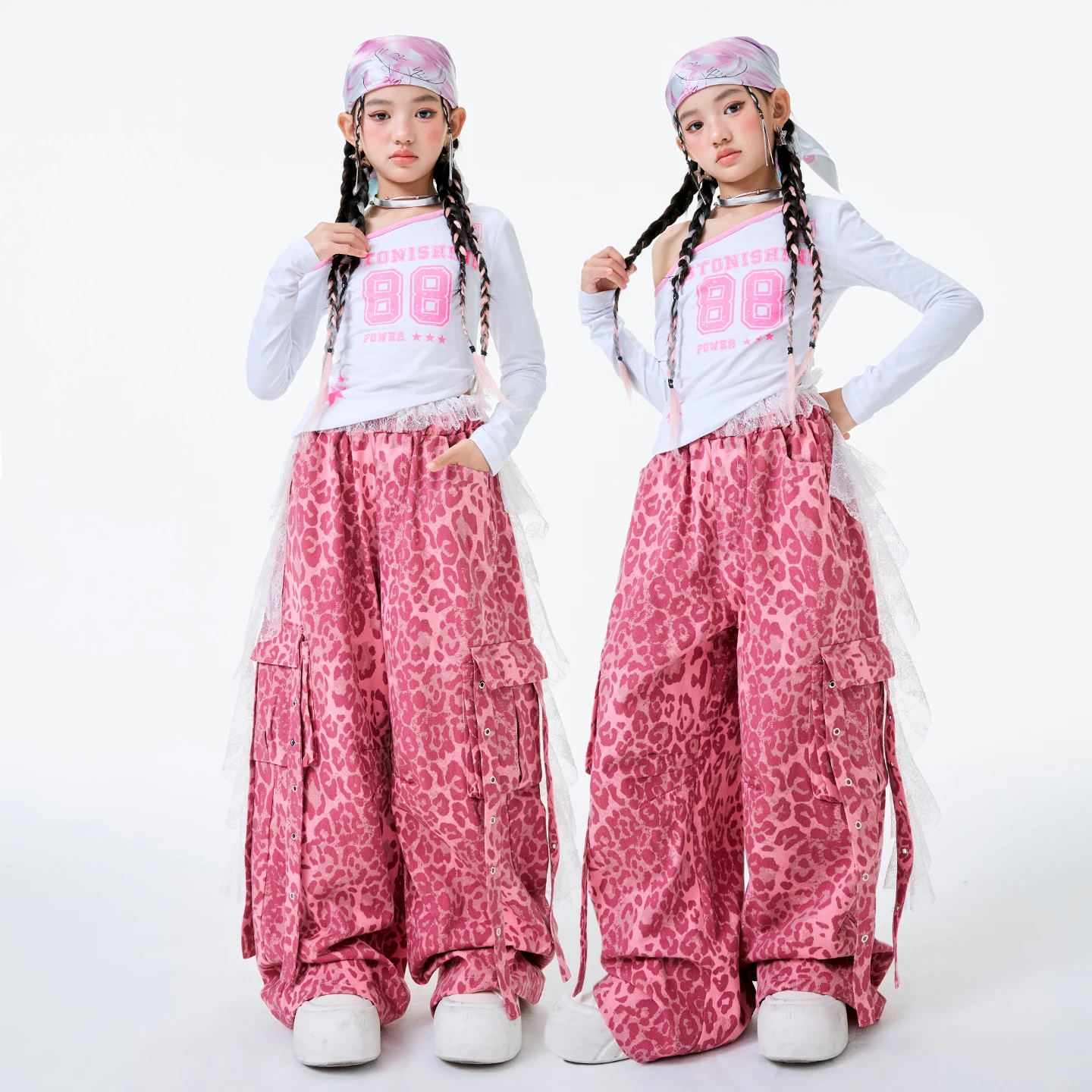 New Kids Cool Hip Hop Clothing Girls Jazz Dance Costume White Top Leopard Pants Children'S Ballroom Dance Street Suit XS10430