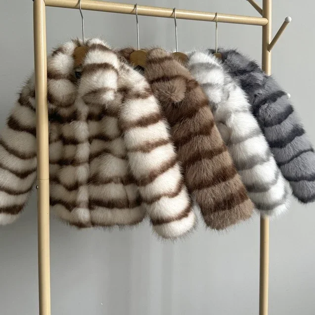 Girls Coat 2026 Autumn And Winter New Children's Clothing Korean Style Girl Baby Imitation Fur Fox Hair Striped Lapel Coat