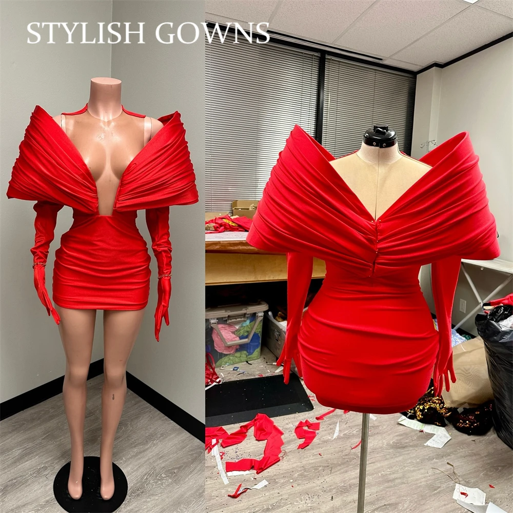 Red Off Shoulder Short Prom Dresses For Black Girls Ruffles Birthday Party Dress With Gloves Mermaid Mini Cocktail Customized