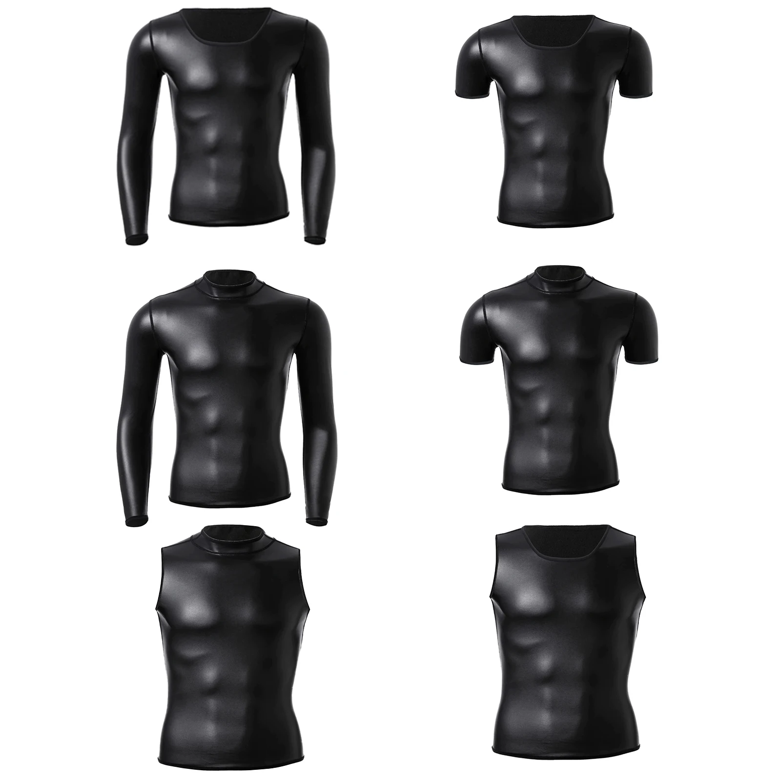 Mens Motorcycle Compression T-shirt Tops Clubwear Long Sleeve PU Leather Stand Collar Windproof Stretchy Shirt Driving Fitness