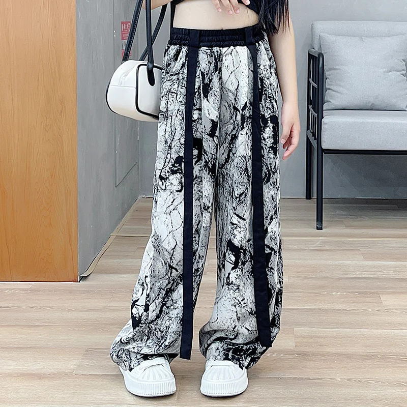 

2023 new girl ice silk breathable slim ribbon wide-leg pants national wind ink printing thin loose breathable casual ribbon mop