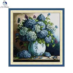 Joy Sunday Blue Hydrangea Flower Cross Stitch DIY Embroidery Complete Kit Knitting Painting Needlework Handiwork Room Decor