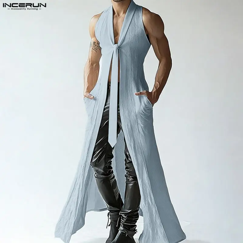 INCERUN Men's Shirt Solid V Neck Sleeveless Casual Long Style Shirts For Man Cardigan Streetwear Loose Fashion Men Clothes 2026