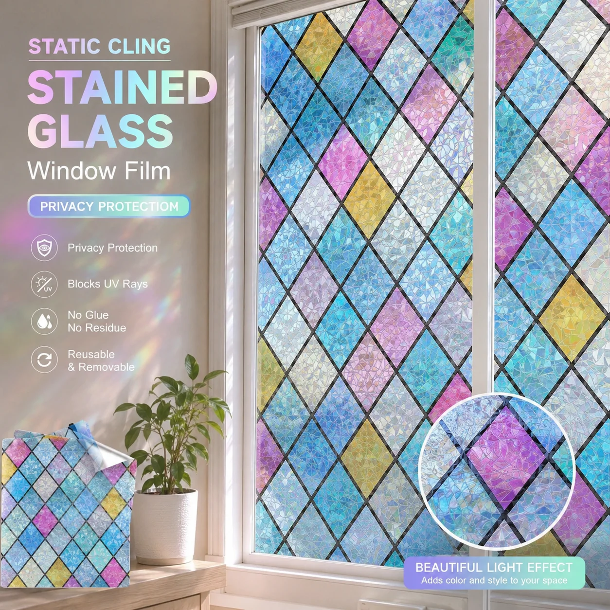 Rainbow Privacy Window Film, Decorative Stained Glass Window Covering, Static Cling Glass Sticker, Colorful Lattice Window Tint