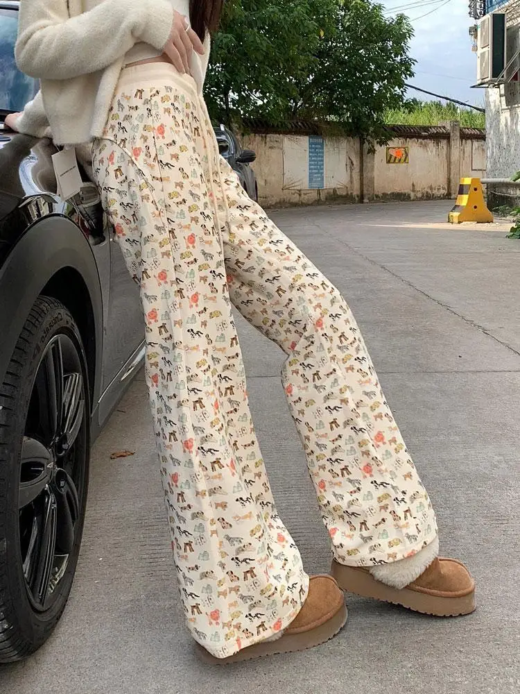 Trouser Pants Puppy Print Casual Sweat Y2k Female Autumn Winter Plus Fleece High Waisted Slim Rope Flared Straight Leg Pants