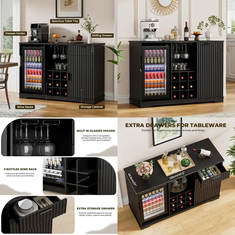 Elegant Coffee Bar Cabinet with Wine Rack and Glass Holder