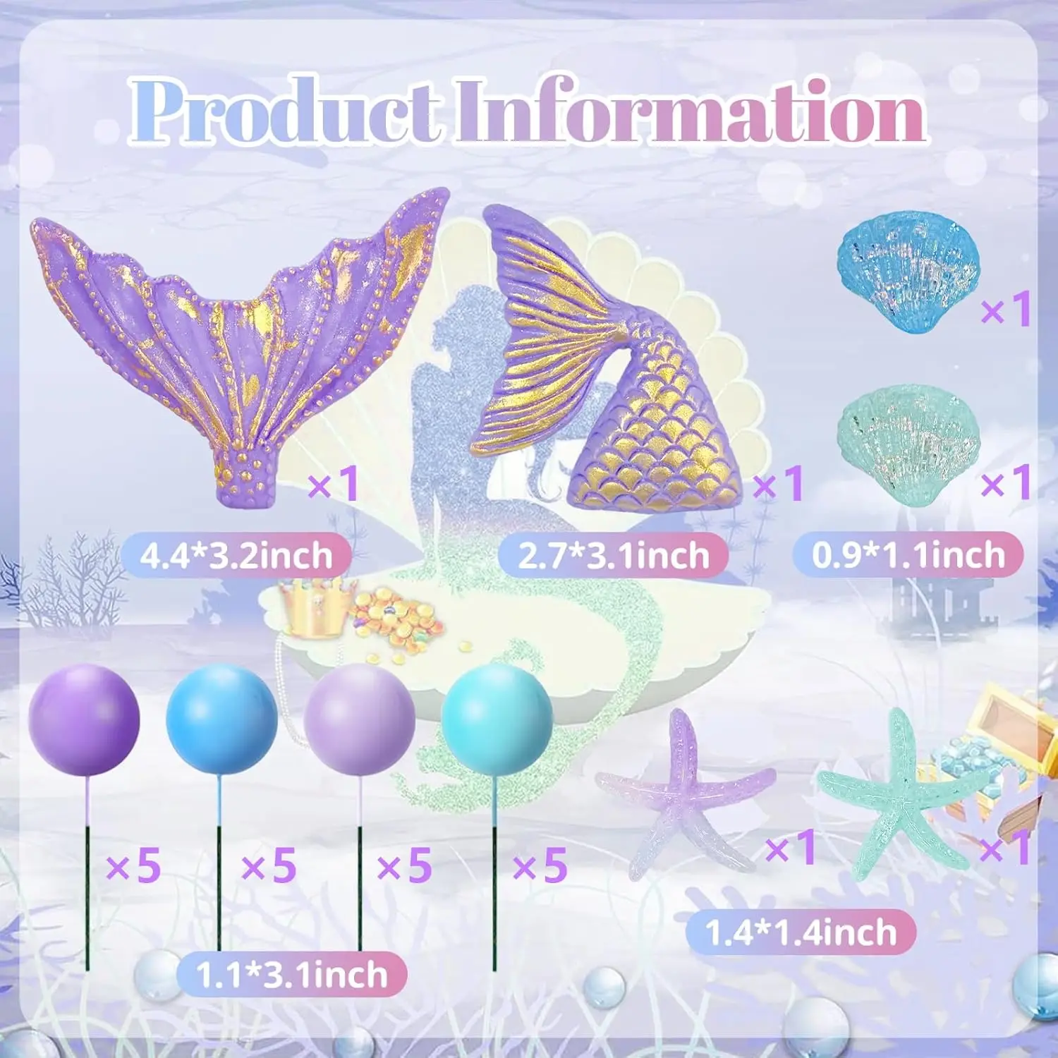26Pcs Mermaid Cake Topper Under The Sea Cake Decors with Seashell Mermaid Tail for Baby Shower Birthday Party Supplies