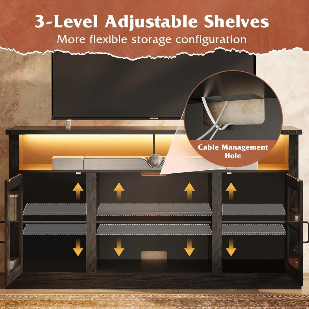 65 حامل تلفزيون مع مصابيح LED ومخزن، ومركز ترفيه طويل، وطاولة وحدة تحكم الوسائط