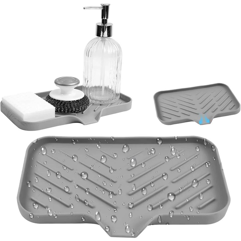 2PCS TPR Faucet Mat Sink Splash Guard Drying Tray Soap Dispenser Sponge Holder Kitchen Countertop Organizer Drain Pad