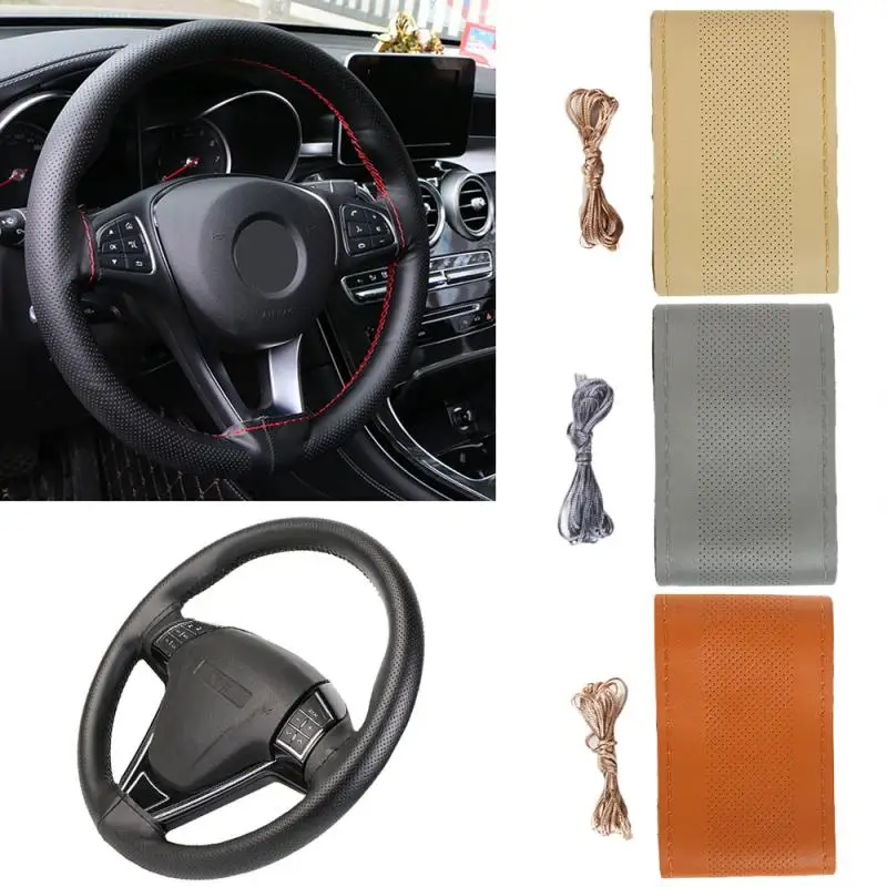 Car Steering Wheel Cover Needles And Braid Thread Artificial Leather Car Covers Suite 3 Color DIY Texture Soft Auto Accessories