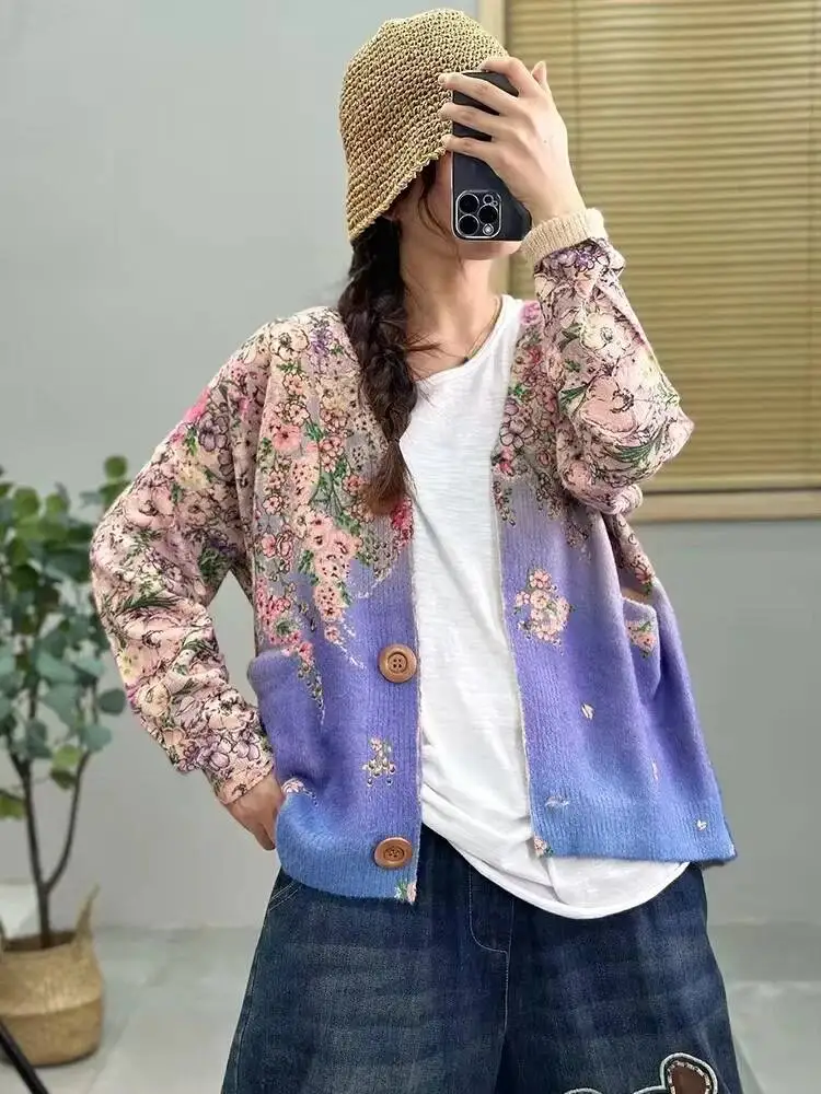 Amax LuluE 2025 Fall Womens Fashion Printed Loose Cardigans Casual V Neck Sweaters Ladies Korean Luxury Classic Cartoon Knitwear