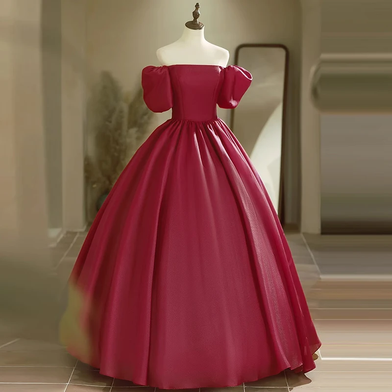 AnXin SH vintage princess wine red satin sweetheart short puff sleeves stage ball gown lace up party customized evening dress image 3