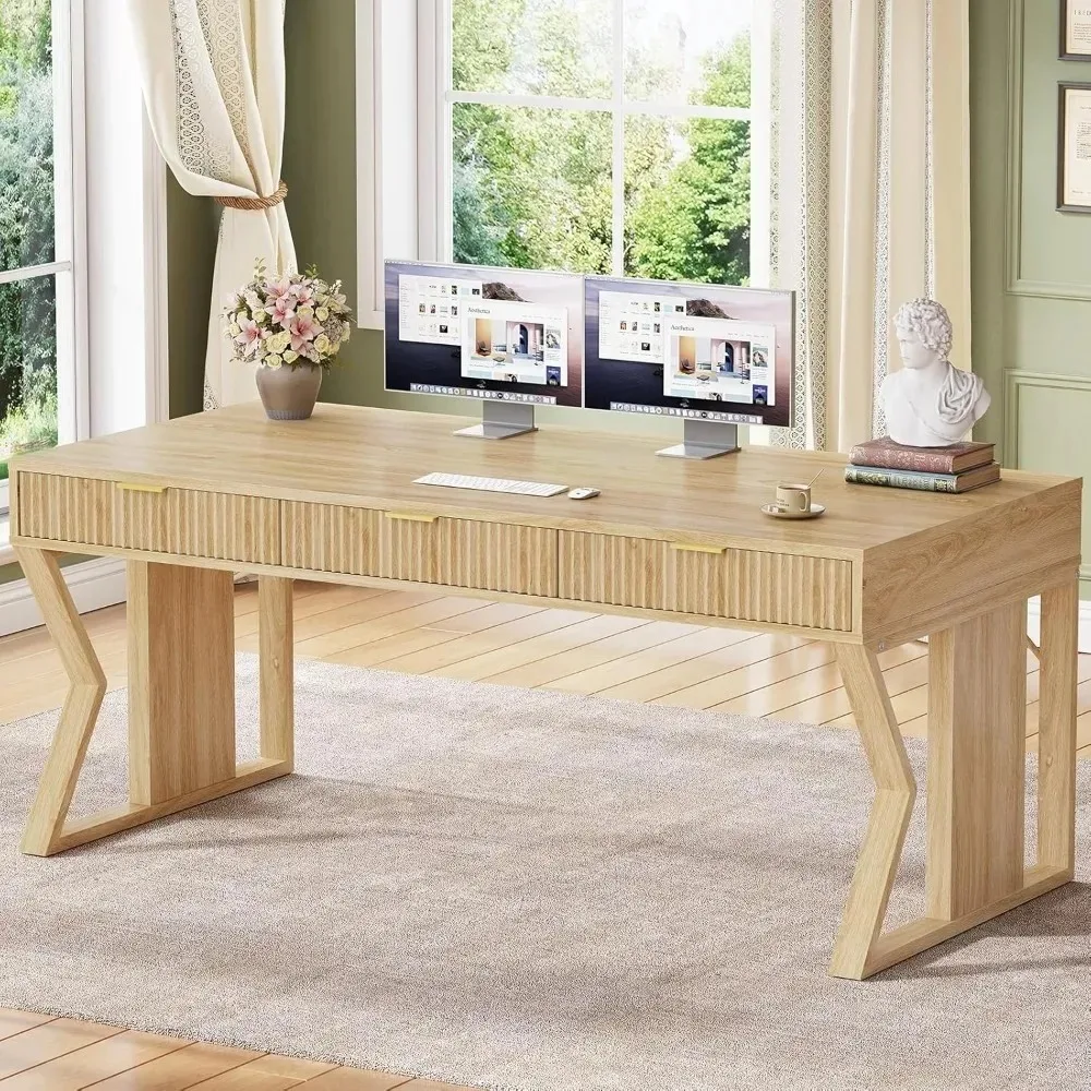 

55" Executive Office Desk with 3 Drawers, Home Office Desk with Storage Drawers, Computer Writing Desk Study Table, Natur