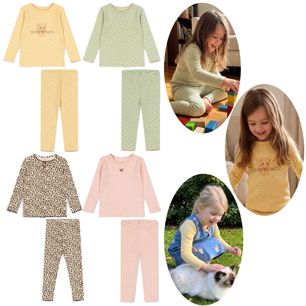 Autumn KS 2026 Girls' Clothing Set with Green Heart Top And Kitten Bottom Pattern Home Comfortable Children's Outfit for Girls