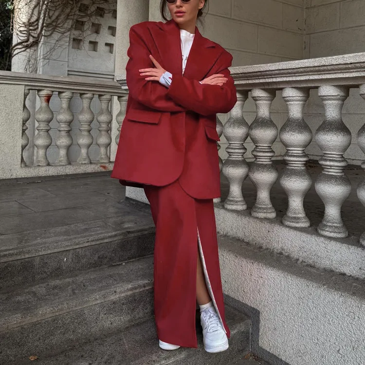 European And American Women's Elegant Business Casual Split Hem Long Skirt Suit With Lapel Long-Sleeve Blazer, A High-End