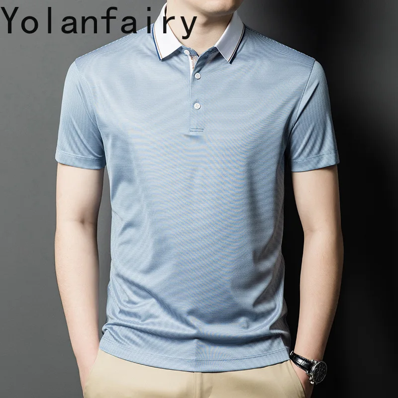 YOLANFAIRY 13.4% Mulberry Silk Mens T Shirts Polo T Shirt for Men Short Sleeve T Shirt Men Summer Fashion Tops Polos Pour Hommes