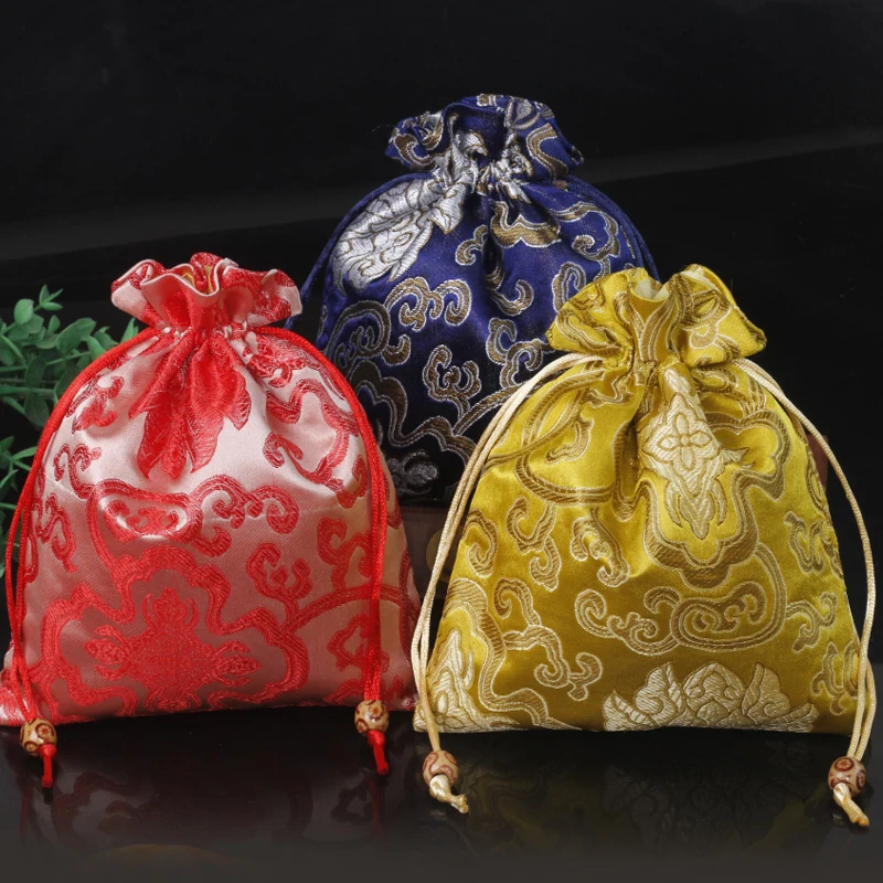 2pcs Large Flower Chinese Silk Brocade Jewelry Pouches Drawstring Packaging Long Necklace Sweater Chain Storage Bag with Lined