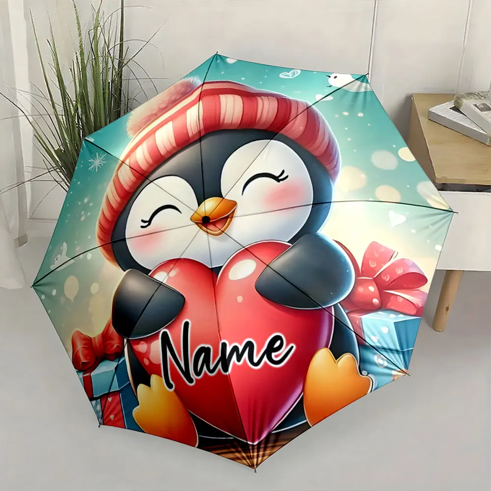 Custom Name Cute Penguin Umbrella with Heart and Winter Design Print 8 Iron Ribs Folding Umbrella, Auto-Open Fashion Sunshade