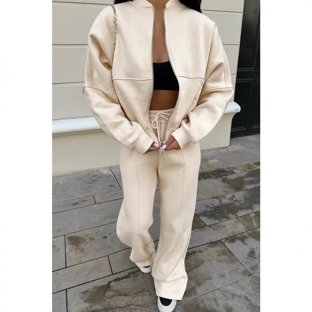 Autumn Winter Zip-Up Long Sleeve Pants Set Women's Casual 2-Piece