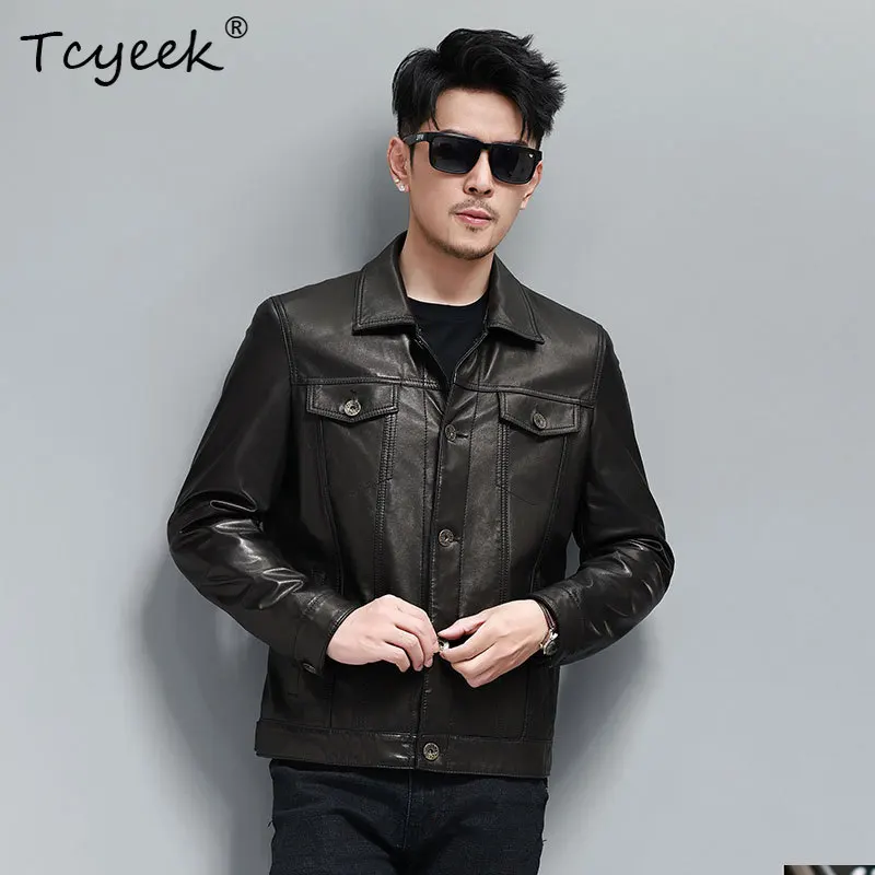 Tcyeek Top Layer Goatskin Coat Black Real Leather Jacket Men Clothes Spring Autumn Mens Coats Trendy Slim Fit Jaqueta De Couro