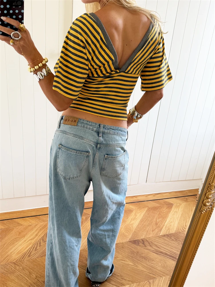 Striped Patchwork T-Shirts Women Summer Trend V-Neck Short Sleeve Backless Navel Exposed Street Casual Fashion Style Tops