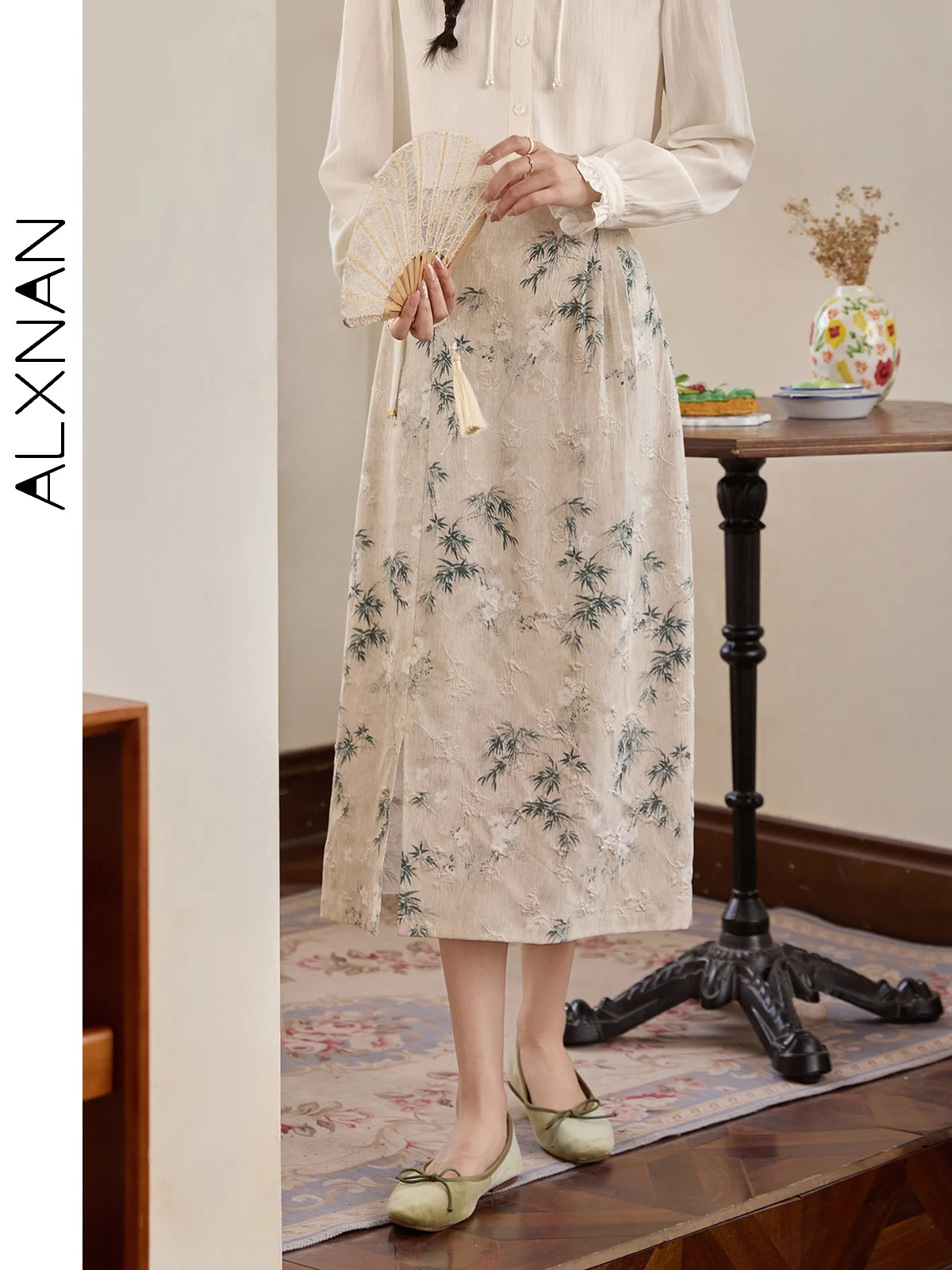 ALXNAN Women's Neo-chinese Skirts Trendy A-line Bamboo Embroidery 2024 Autumn Winter Casual Midi Skirt Sold Separately L39698BSQ