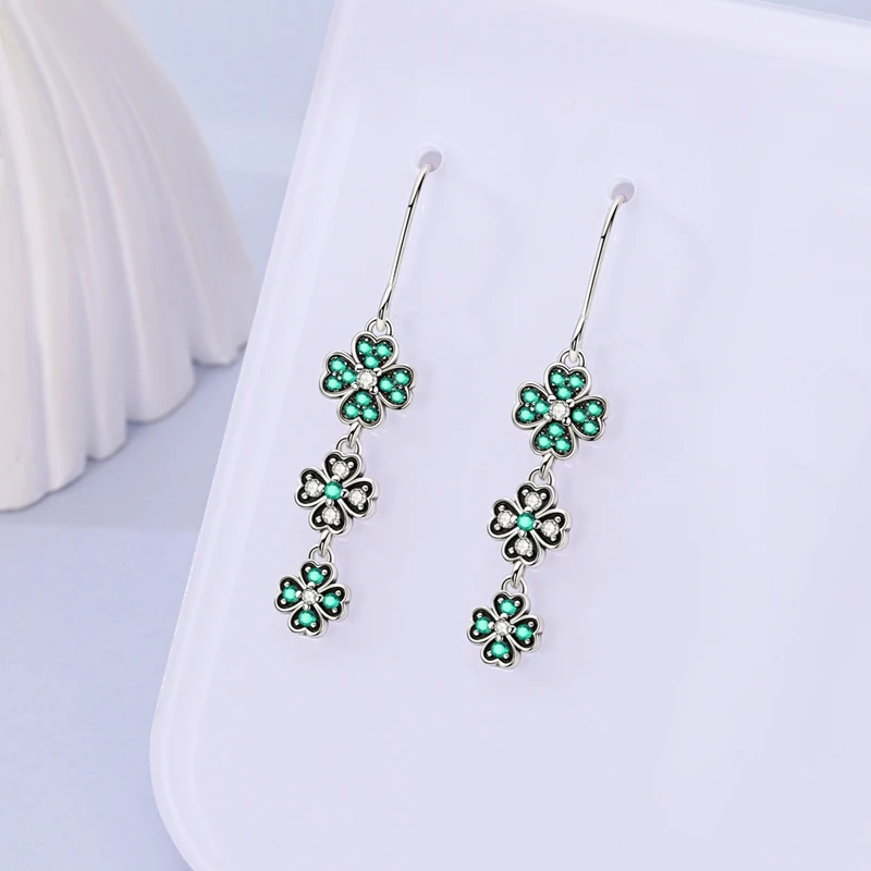 925 Silver Green Earrings Sparking Four Leaf Clover Firefly Sloth Hoop Earring For Women Girls Anniversary Wedding Jewelry Gifts