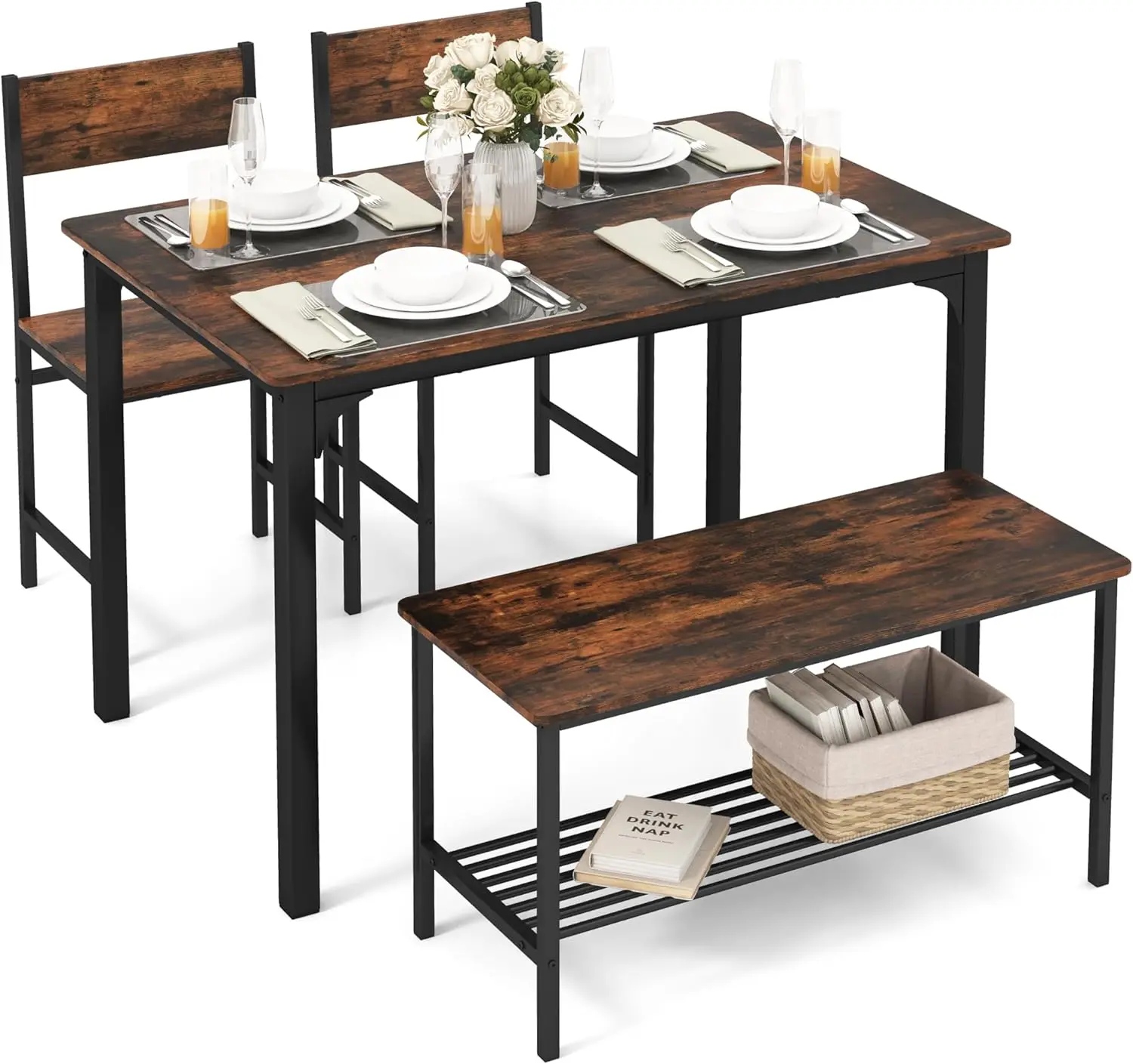 Dining Table Set for 4, Kitchen Table and 2 Chairs for 4 with Bench, 4 Piece Dining Table Set for Small Space, Apartment