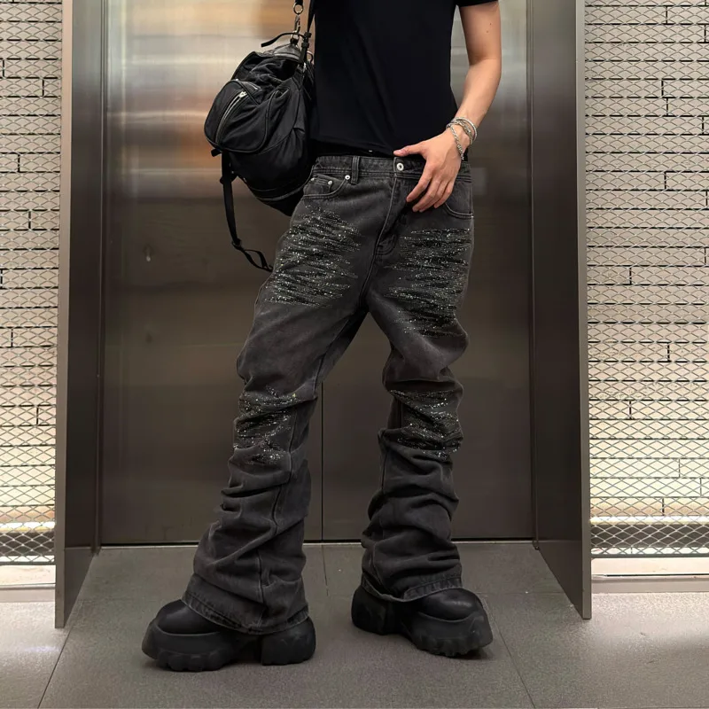HKSH Spring Autumn New Men's Tide Dark Chic Ins Punk Gradient Diamond Denim Pants Slim Fit Slightly Flared Washed Jeans HK25525