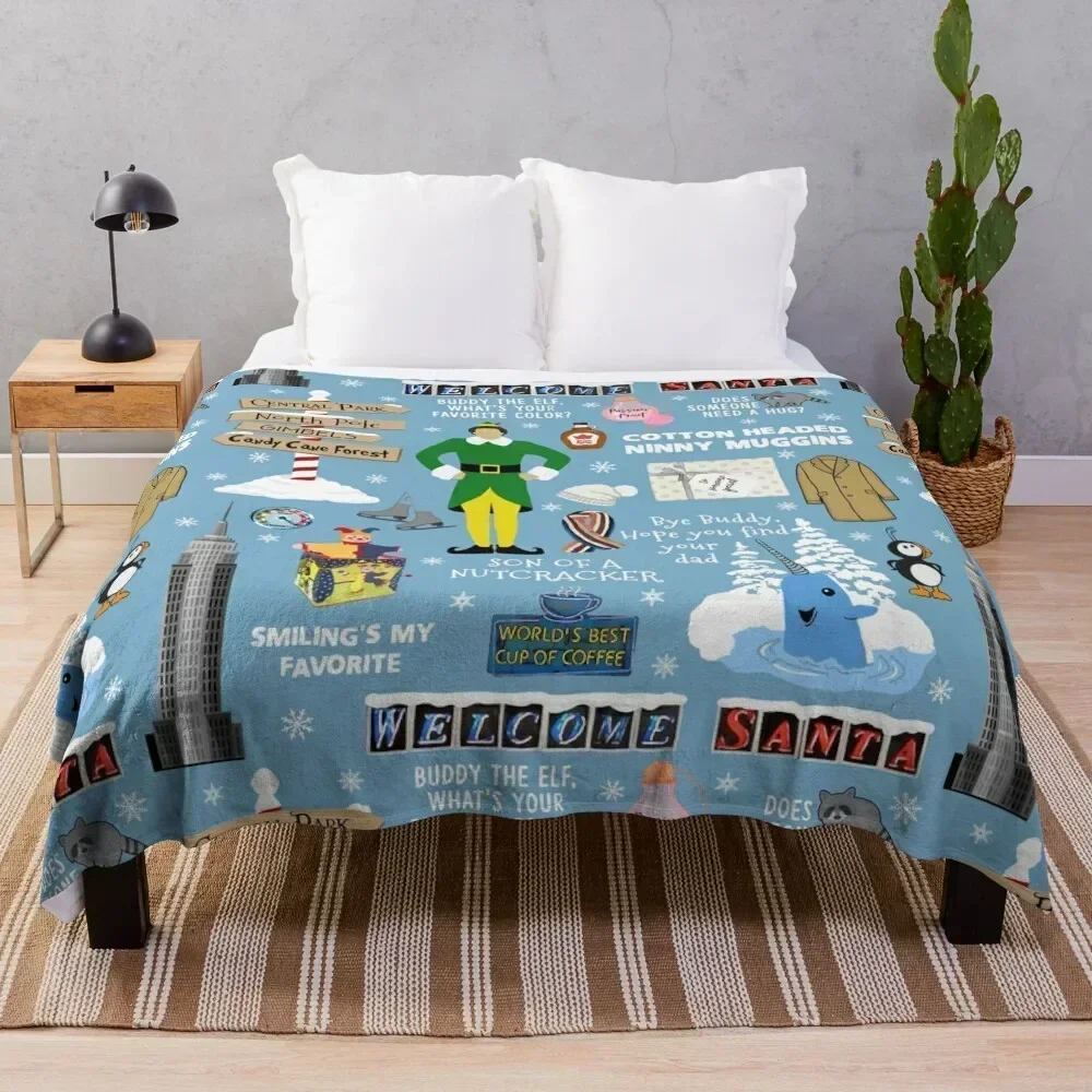 

Buddy the Elf collage, Blue background Throw Blanket Flannel Fleece Soft Warm Throw Blanket