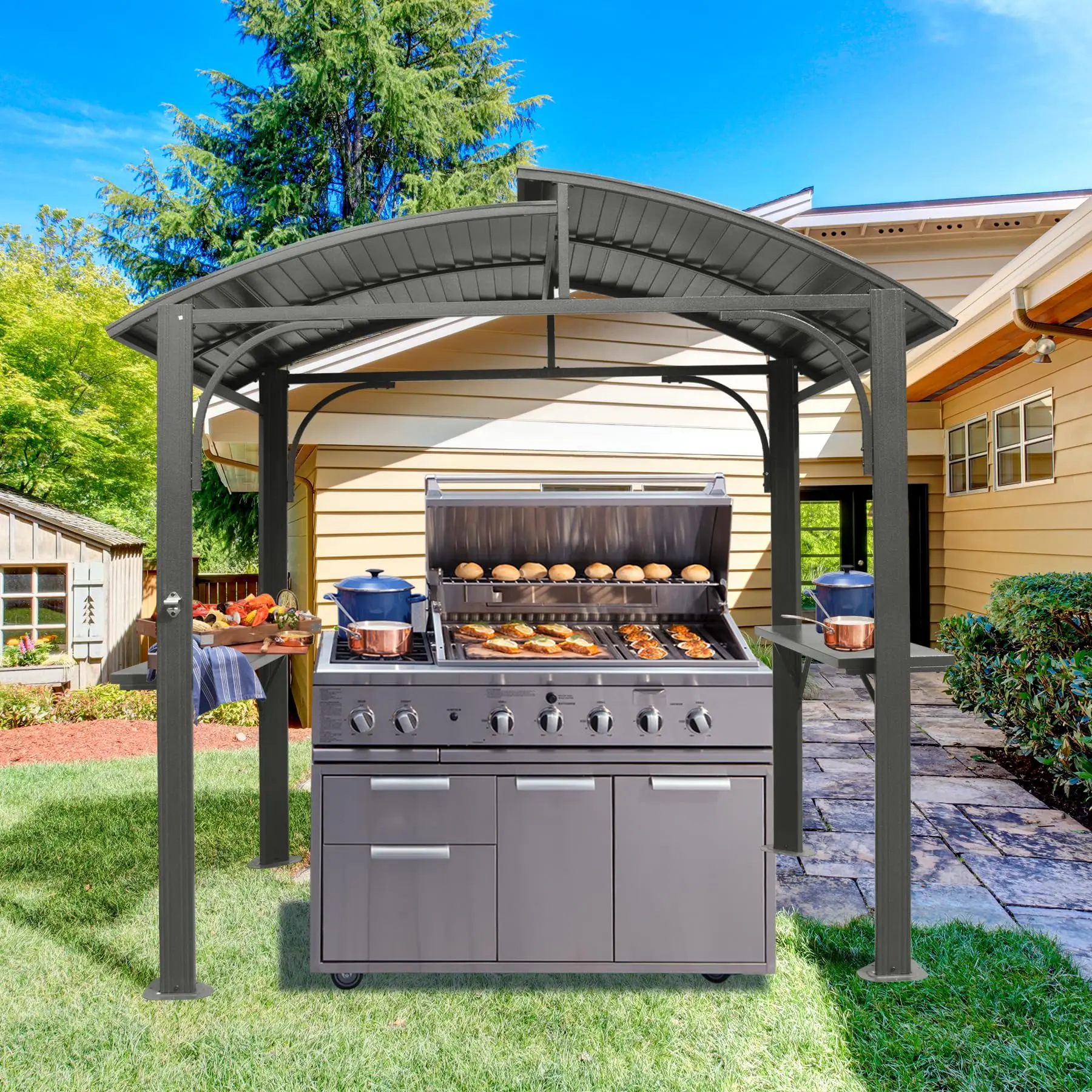 Gazebo para Barbacoa con Techo Rígido de 8x5 Pies, Carpa para Exteriores con Techo de Acero Galvanizado Doble, 2 Estantes Laterales, Pérgola, Toldo