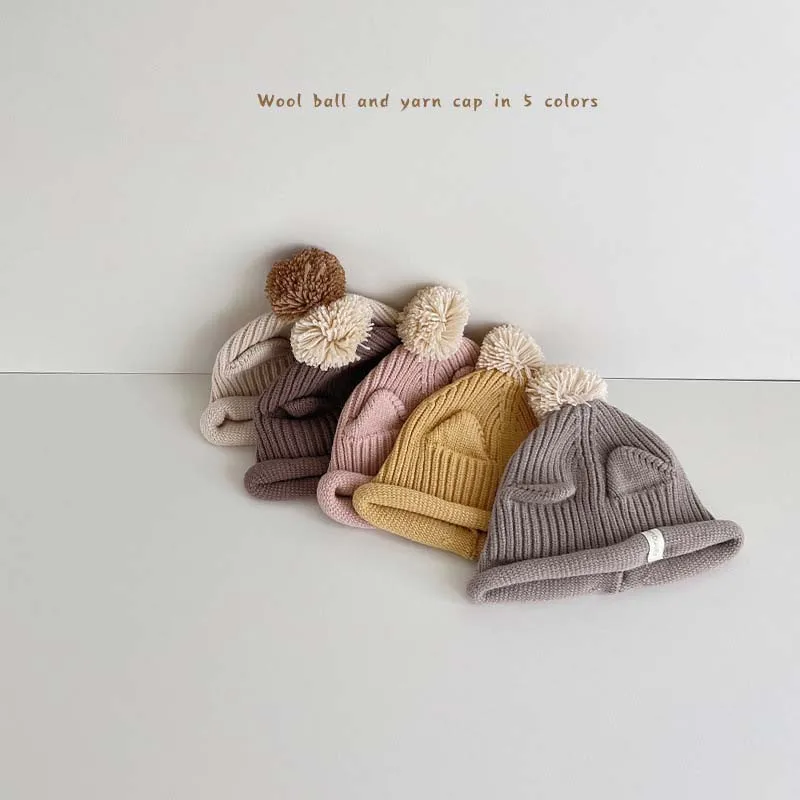 Cute Pom Knit Baby Hat 2023 Autumn Winter Kids Beanie Cap Newborn Baby Wool Ball Pullover Hat Baby Warm Ear Protection Wool Hat