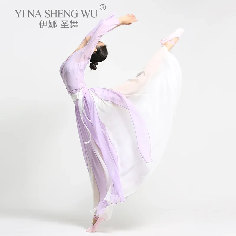 Strój do tańca chińskiego tradycyjnego damski długi rękaw suknia do występów klasyczny ludowy taniec sukienka sceniczna cheongsam spódnica szyfonowa