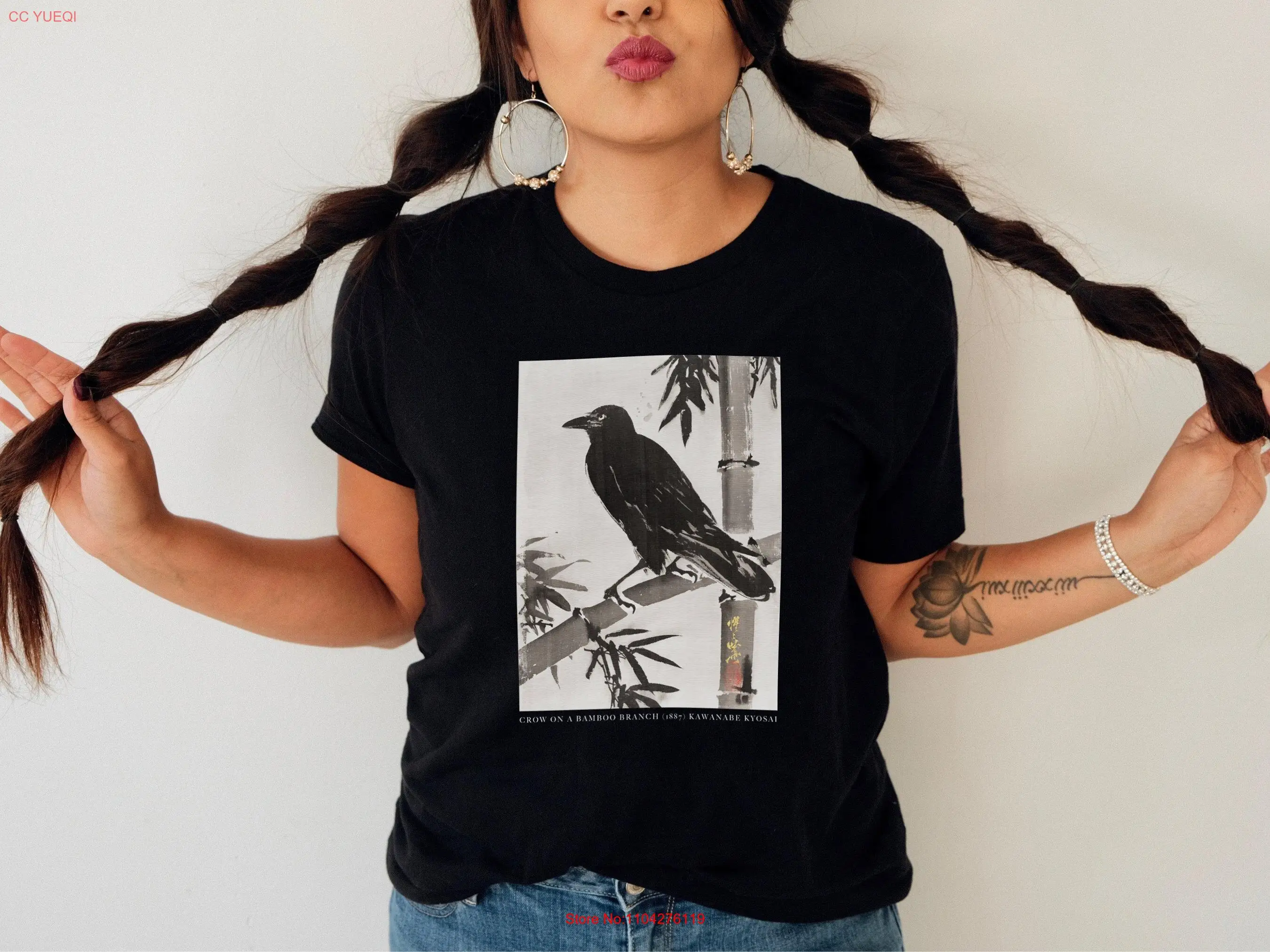 

Vintage Crow on a Bamboo Branch T shirt 1887 bird illustration Retro Raven Japanese art Lover long or short sleeves