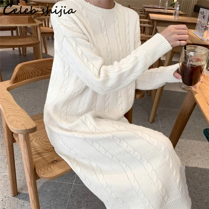 

Winter Warm Woolen Dress Women Elegant Oversized O-neck Clothing Long Knitted Vestido Lady Autumn Vintage Harajuku Knitwear