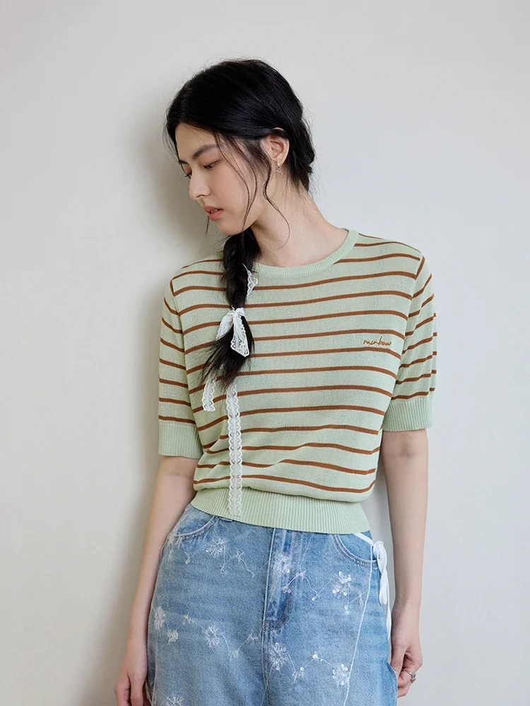 DUSHU Women Summer Knitwear Round Neck Green Brown Stripe Casual Short Sleeve Knitted T-Shirts Female Thin Knit Tops 24DS82732