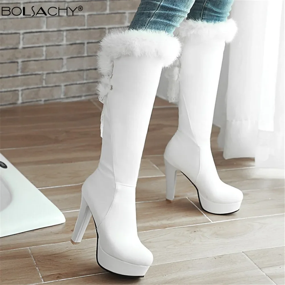 

Новинка 2025 года, модные сапоги до колена на меху, женские зимние сапоги до колена на толстом каблуке, длинные ботинки, круглые осенние туфли на шнуровке, женские черные, белые, 33-43