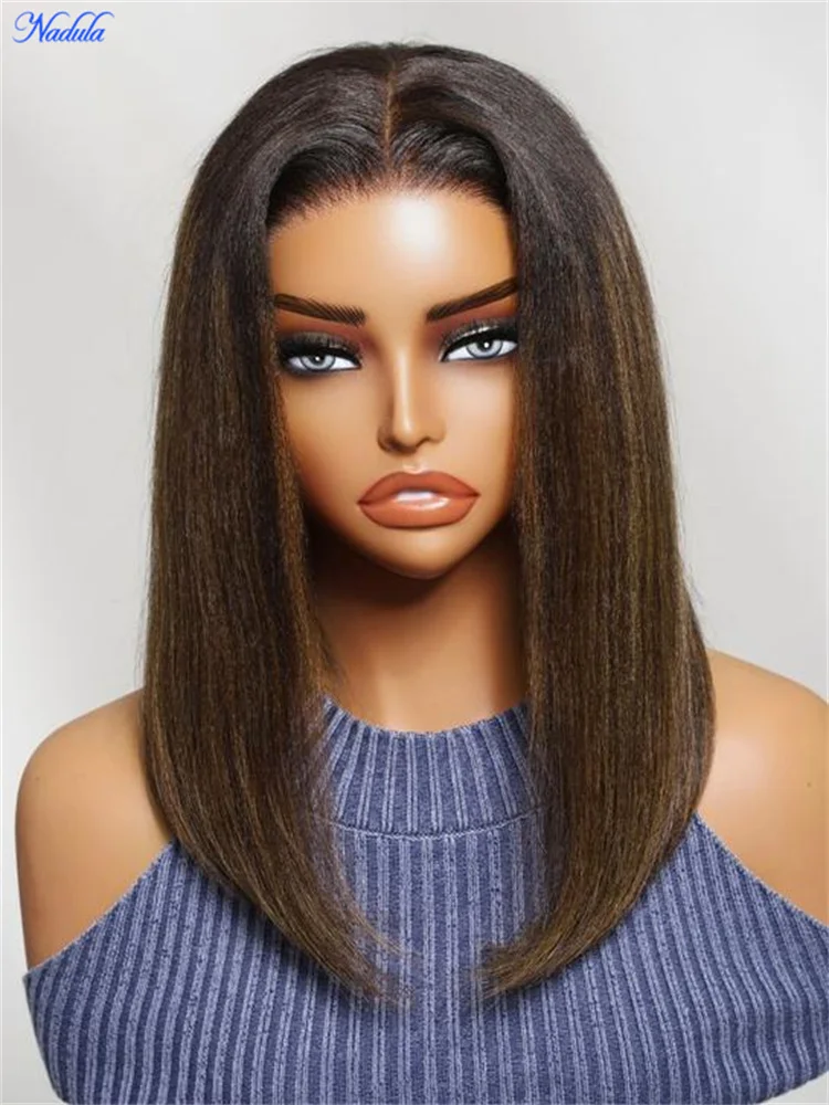 Nadula Balayage Brown Yaki Straight Bob Wig 100% Human Hair 7x5 Bye Bye Knots Pre Cut HD Transparent Lace Glueless Wig with Invisi Drawstring Pre Plucked Ready to Wear Side Deep Parting Available Suitable for All Heads Size Last More than 1 Year